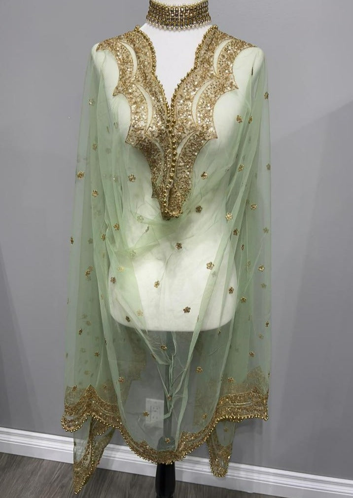 Mint Green Embroidered With Butti Soft Net Dupatta