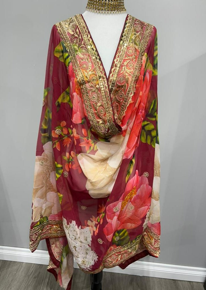 Burgundy Floral Embroidered Georgette Printed Dupatta