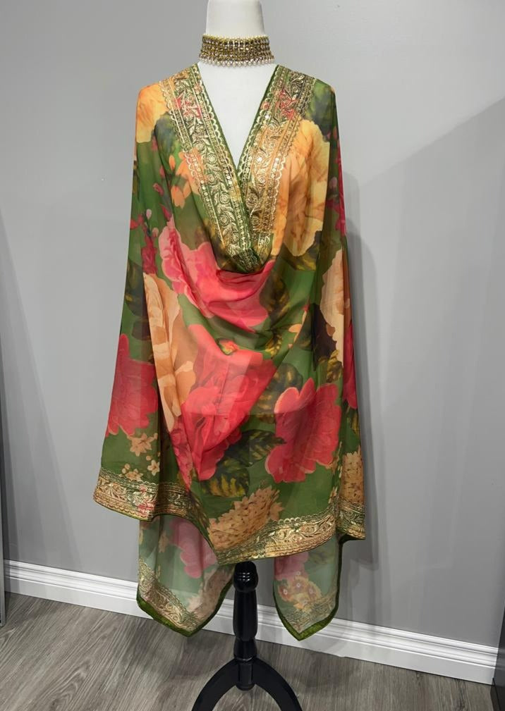 Olive Green Floral Embroidered Georgette Printed Dupatta