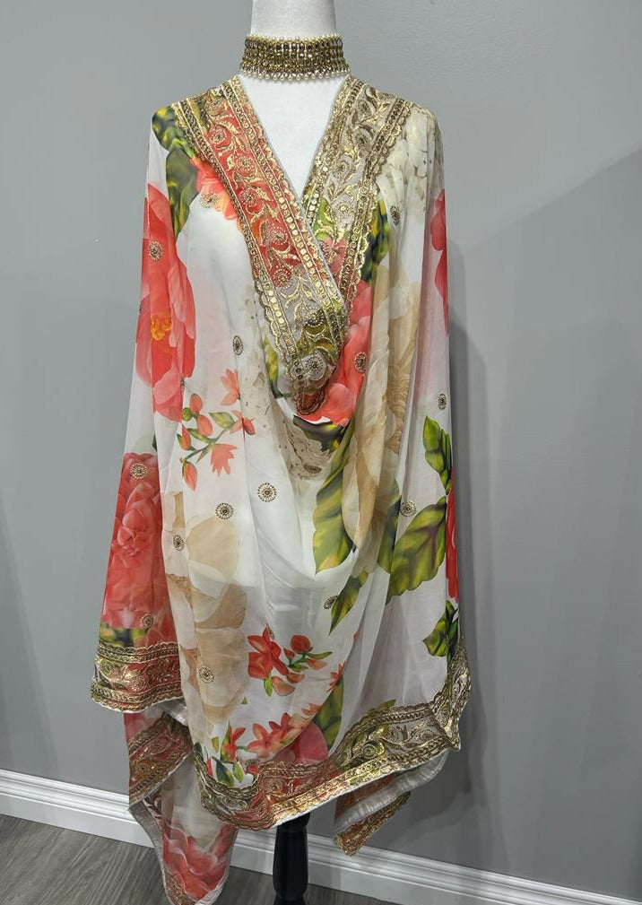 White Floral Embroidered Georgette Printed Dupatta