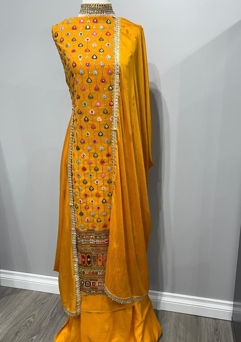 Mustard Georgette Sequence Heavy Embroidery Suit
