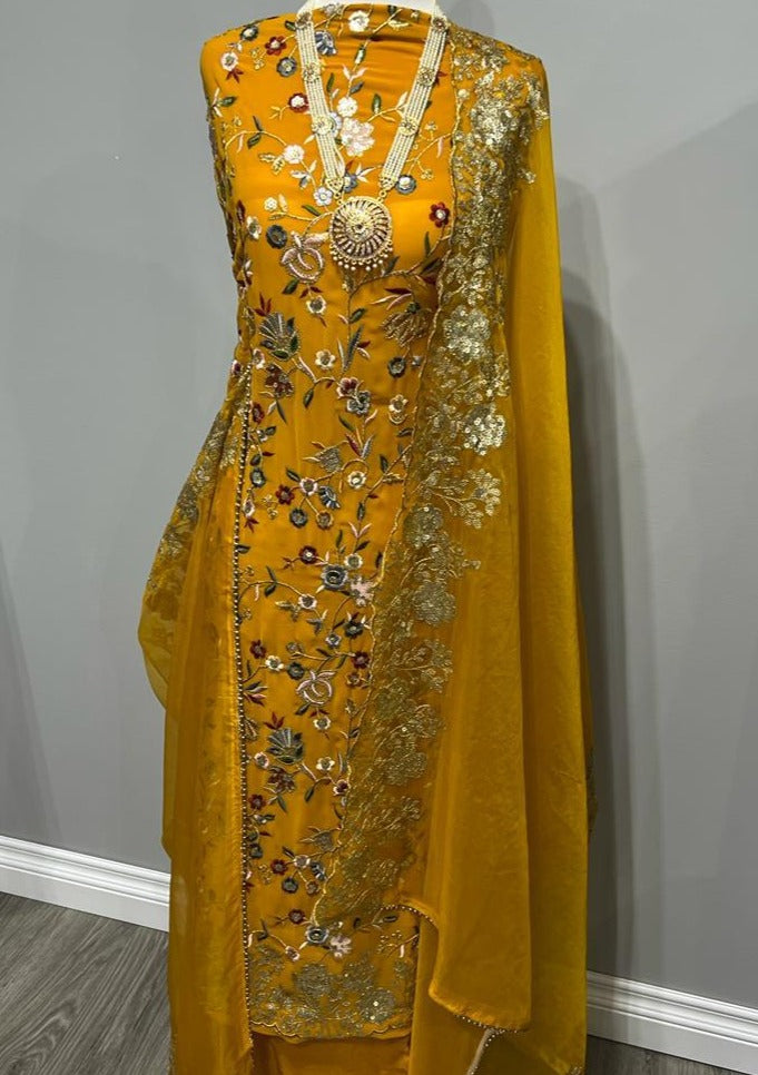 Mustard Georgette Full Embroidered Sequence Suit