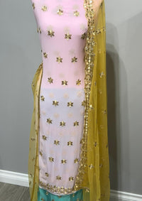 Pale Pink & Teal Blue Georgette Full Embroidered Sequins Suit