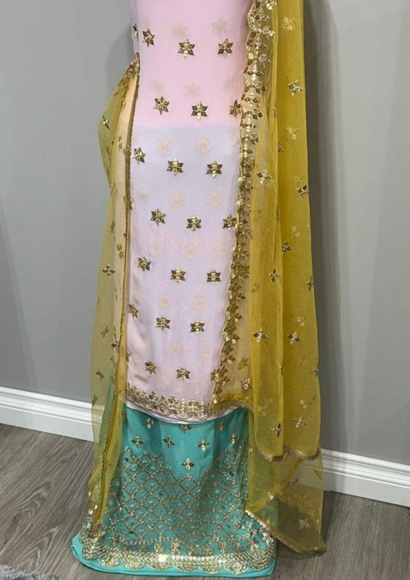 Pale Pink & Teal Blue Georgette Full Embroidered Sequins Suit