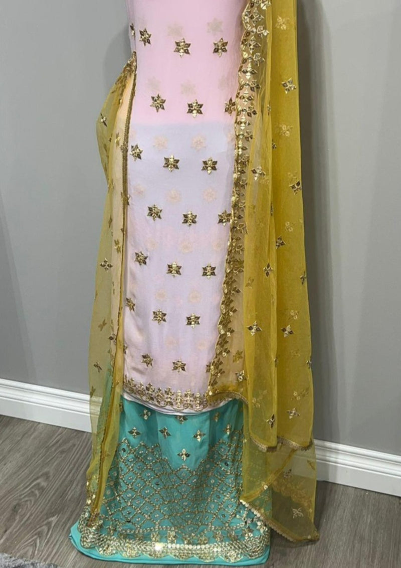 Pale Pink & Teal Blue Georgette Full Embroidered Sequins Suit