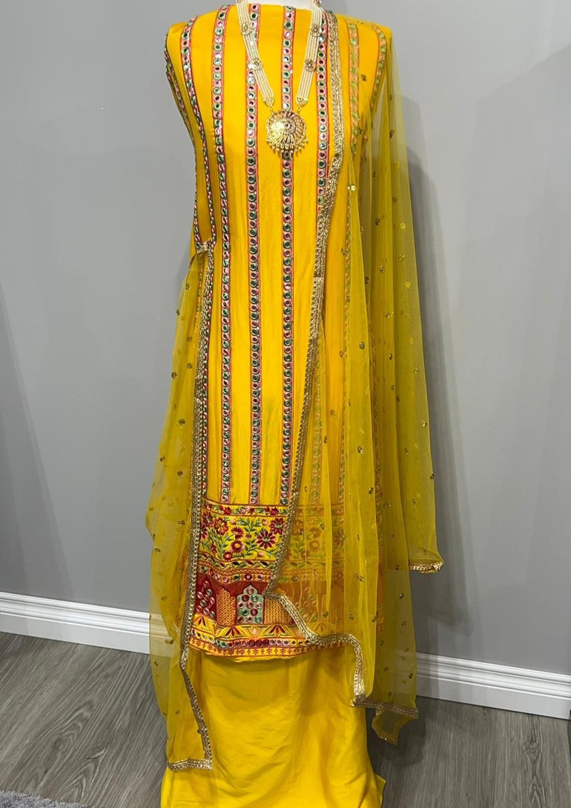 Mustard Georgette Full Embroidered Foil Suit