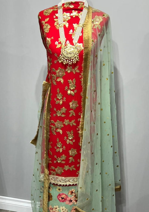 Red & Mint Green Georgette Full Embroidered Sequin Suit