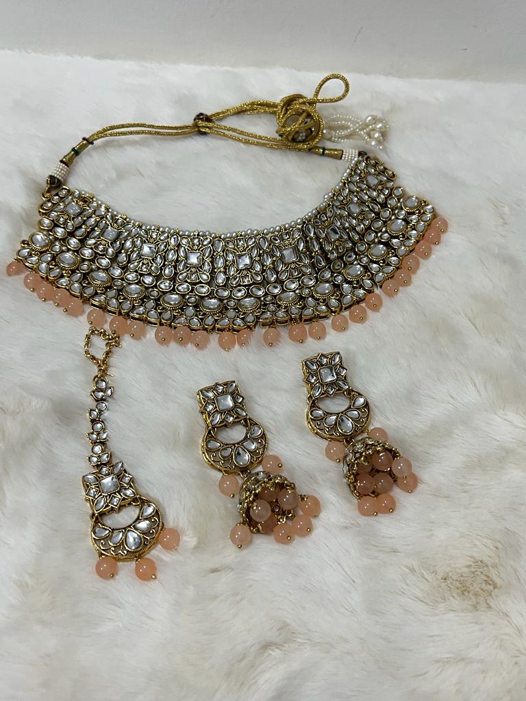 Peach & Gold Pearl Kundan Necklace & Tikka Set