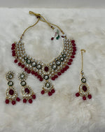 Magenta & Dark Green Pearl Kundan Necklace With Tikka Set