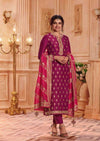 Magenta & Hot Pink Pure Dola Jacquard Embroidered Pant Suit