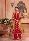 Red & Yellow Pure Dola Jacquard Embroidered Pant Suit