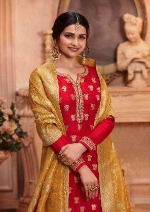 Red & Yellow Pure Dola Jacquard Embroidered Pant Suit