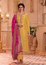 Yellow & Pink Pure Dola Jacquard Embroidered Pant Suit