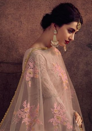 Salmon Pink Georgette Embroidered Palazzo Suit