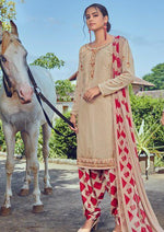 Beige & Red French Crepe Embroidered Digital Print Salwar Suit