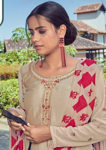 Beige & Red French Crepe Embroidered Digital Print Salwar Suit