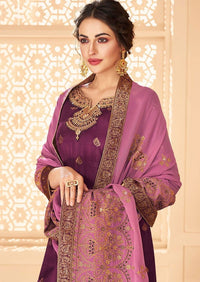Purple & Lavender Gold Dola Jacquard Embroidered Palazzo Suit