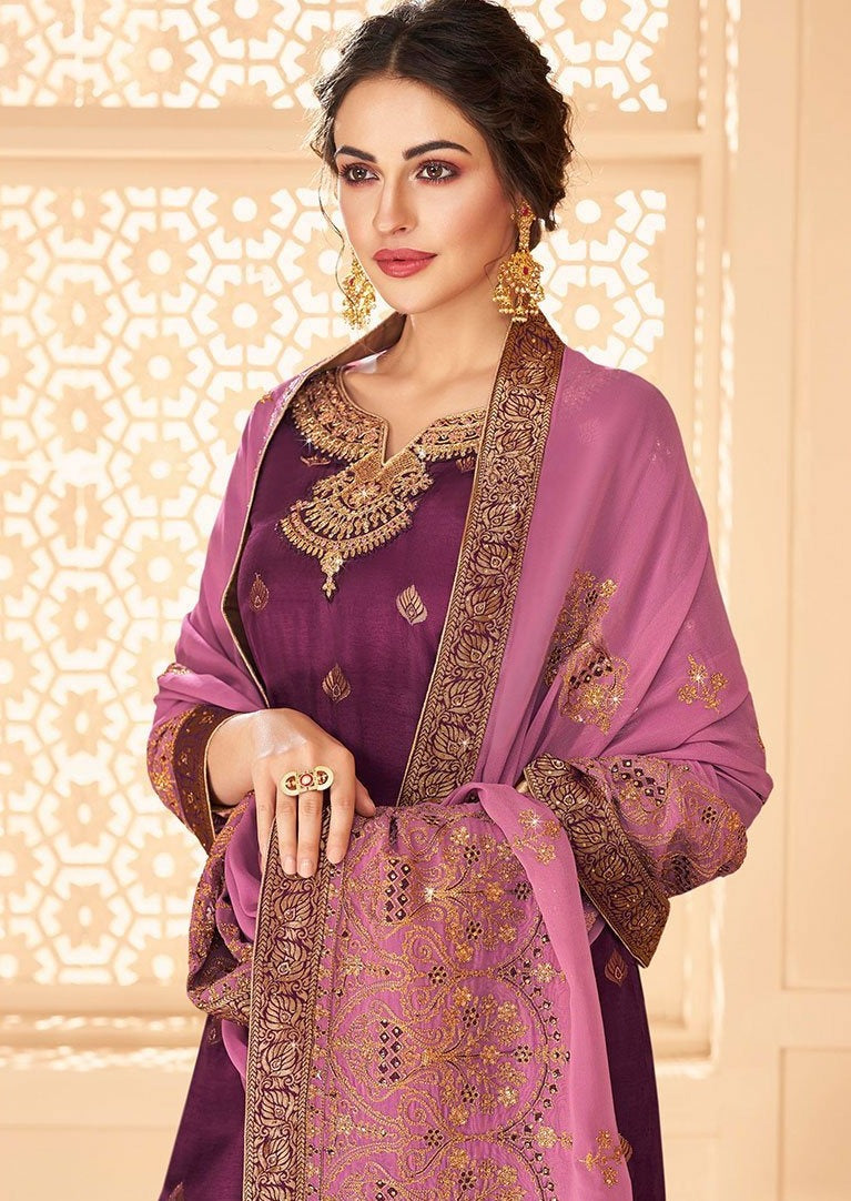 Purple & Lavender Gold Dola Jacquard Embroidered Palazzo Suit