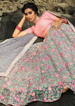 Grey & Pink Floral Net Sequins Embroidered Lehenga Choli