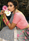 Grey & Pink Floral Net Sequins Embroidered Lehenga Choli
