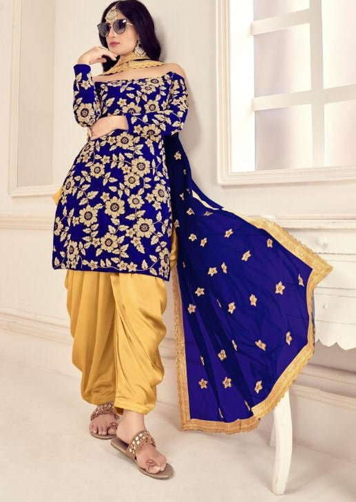 Royal Blue & Gold Velvet Stone Embroidered Patiala Suit