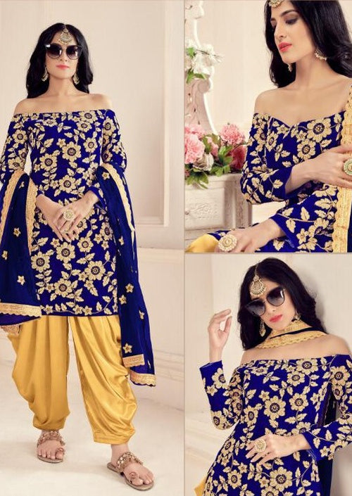 Royal Blue & Gold Velvet Stone Embroidered Patiala Suit