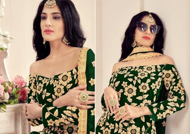Dark Green & Gold Velvet Stone Embroidered Patiala Suit