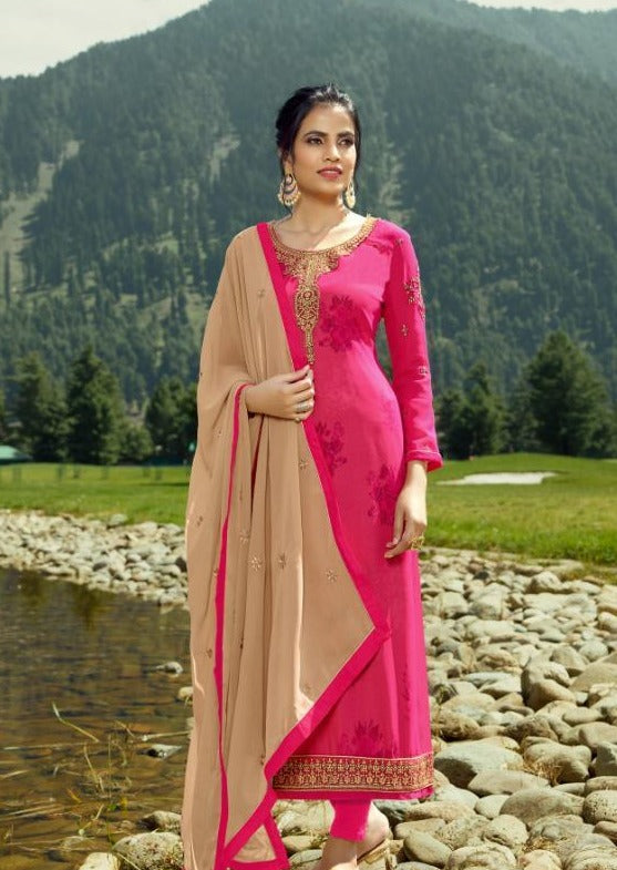 Pink & Beige Georgette Embroidered Churidar Suit