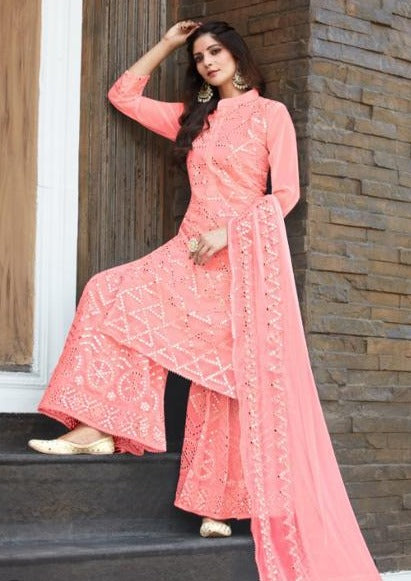 Pink Heavy Georgette Mirror Embroidered Gharara Suit