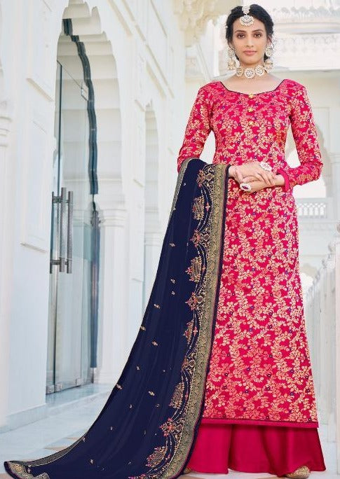 Pink & Navy Blue Pure Jacquard Silk Embroidered Palazzo Suit