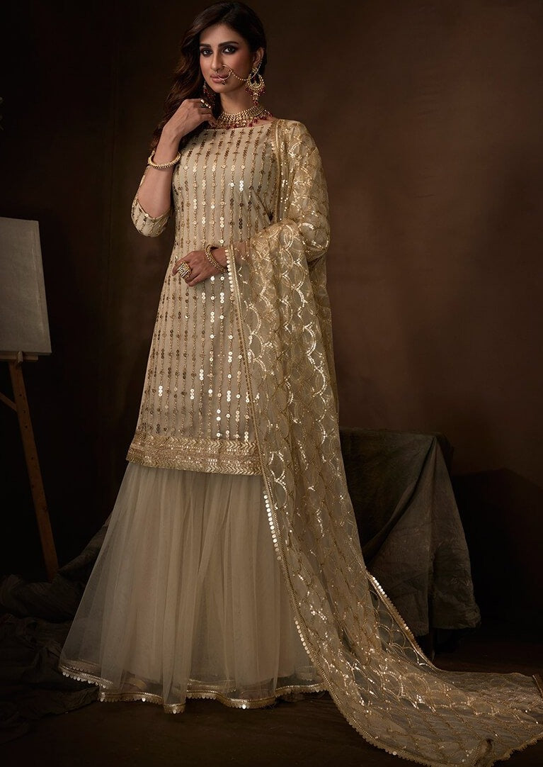 Light Beige Sequins Embroidered Net Gharara Suit