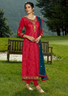 Red & Teal Georgette Embroidered Churidar Suit