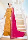 Mustard & Hot Pink Pure Jacquard Silk Embroidered Palazzo Suit