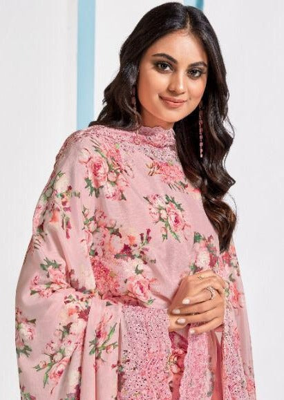 Pink & White Art Silk Embroidered Digital Print Pant Suit
