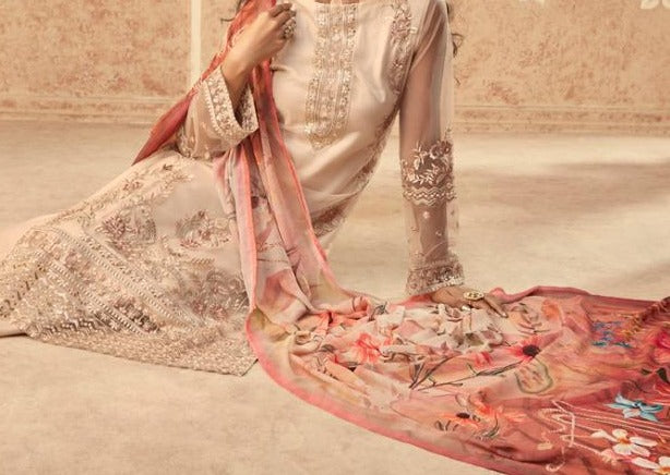Beige Floral Net Embroidered Banglori Silk Pant Suit