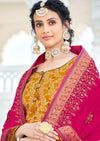 Mustard & Hot Pink Pure Jacquard Silk Embroidered Palazzo Suit