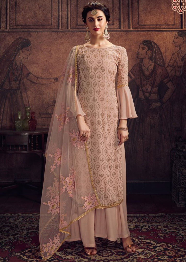 Salmon Pink Georgette Embroidered Palazzo Suit
