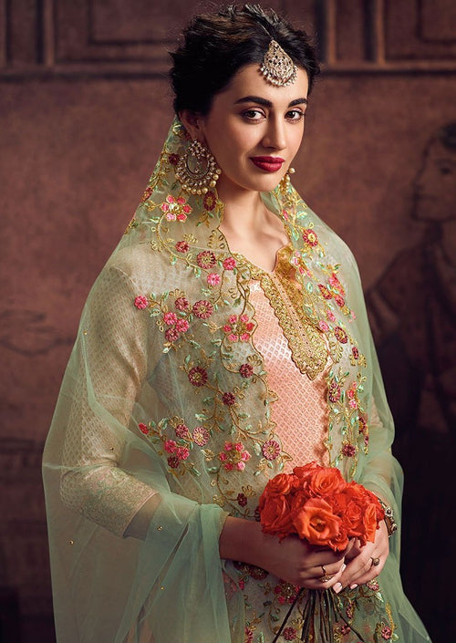 Peach & MInt Green Jacquard Embroidered Palazzo Suit