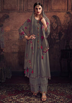 Grey & Pink Georgette Embroidered Palazzo Suit