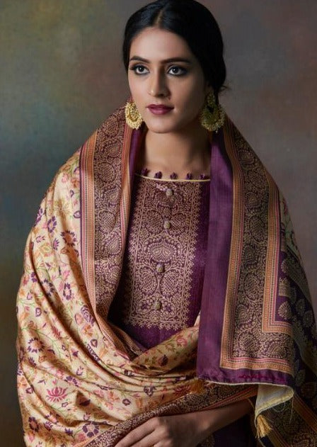 Purple & Beige Pure Tusser Silk Embroidered Digital Print Pant Suit