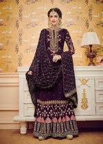 Burgundy Baluming Georgette Khalti Embroidered Gharara Suit