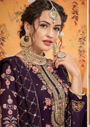 Burgundy Baluming Georgette Khalti Embroidered Gharara Suit