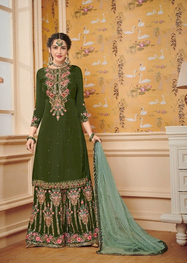 Olive Green Baluming Georgette Khalti Embroidered Gharara Suit