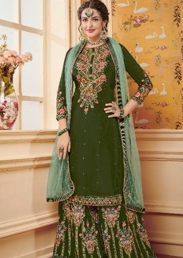 Olive Green Baluming Georgette Khalti Embroidered Gharara Suit
