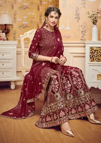 Maroon Baluming Georgette Khalti Embroidered Gharara Suit