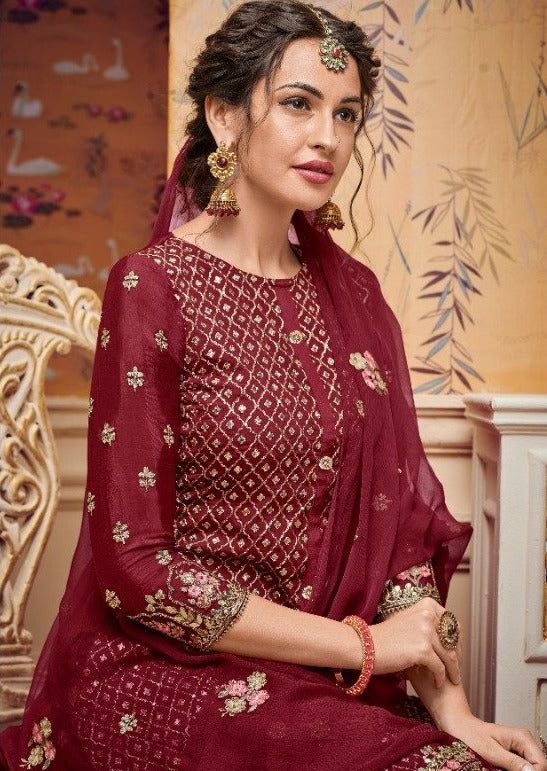 Maroon Baluming Georgette Khalti Embroidered Gharara Suit