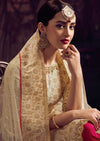 Cream & Hot Pink Jacquard Embroidered Palazzo Suit