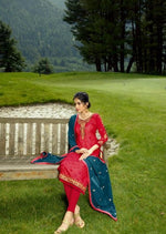 Red & Teal Georgette Embroidered Churidar Suit