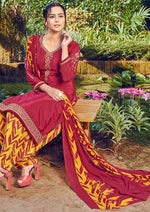 Red & Mustard French Crepe Embroidered Digital Print Salwar Suit