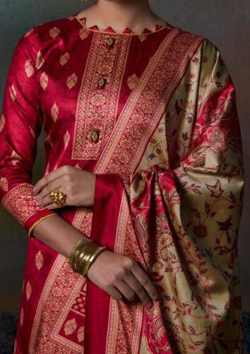 Red & Beige Pure Tusser Silk Embroidered Digital Print Palazzo Suit